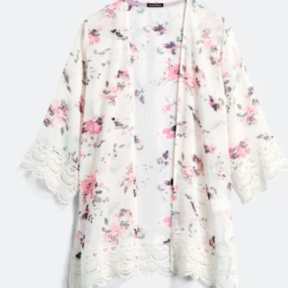 Floral Lace Trim Kimono Cardigan